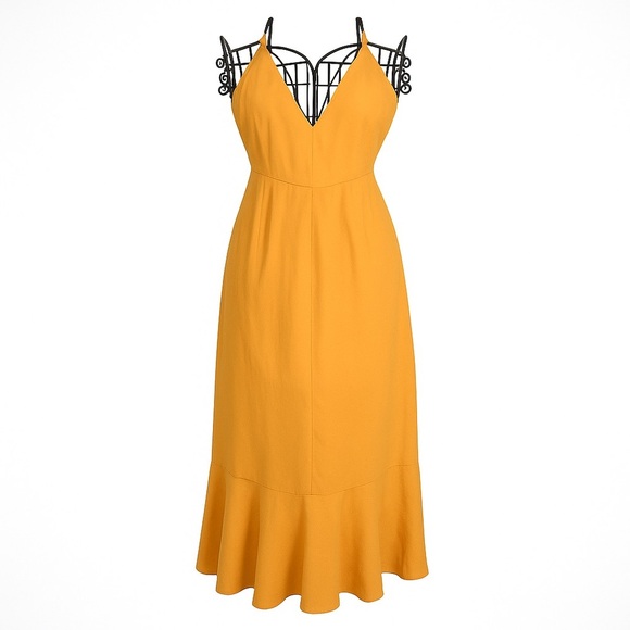 Lulus Manhattan Moment Yellow Ruffled Midi Wrap Dress | Size Small - Picture 3 of 5